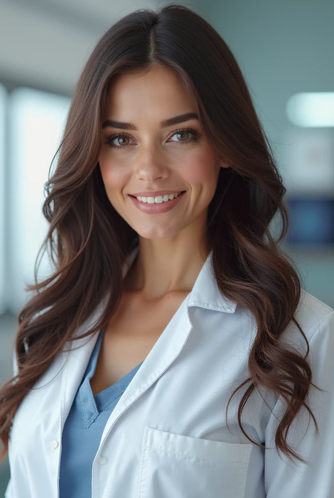 une femme de 25 ans, seductive look, sourire romantique, fine, multicolor hairs, masterclasse, HD, 8K, yeux verts, in nurse's uniform, corps fin, dans un cabinet de médecin, croix rouge sur la blouse, cleavage, blouse ouverte, petits seins,