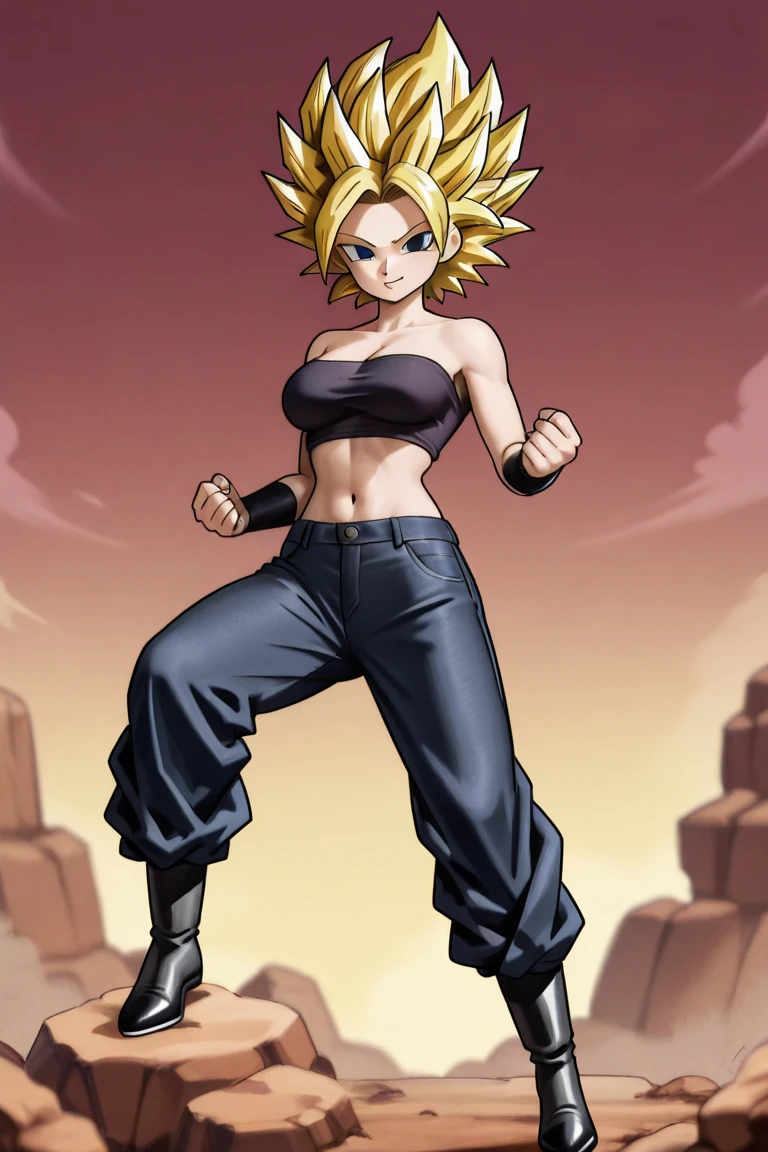 woman with black outfit, super saiyan girl, badass pose, she has aura coming out of her body with sparkles around her, confident smile, going super saiyan, power pose, black vest, cleavage, blue sport bra, silver belt with buckle, black panties, arms crossed, in front of the camera, looking at the viewer, green eyes, blonde hairs