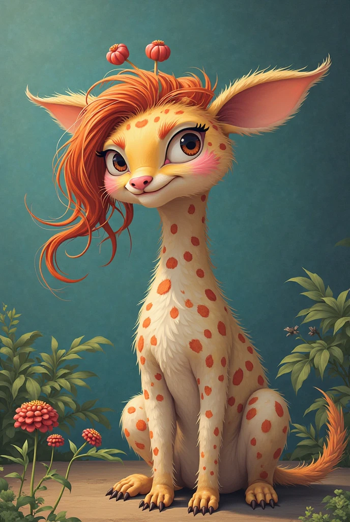 a red-haired sexy giraffe with flying very long hair, with ?????? boobs using a futuristic look on a grey background