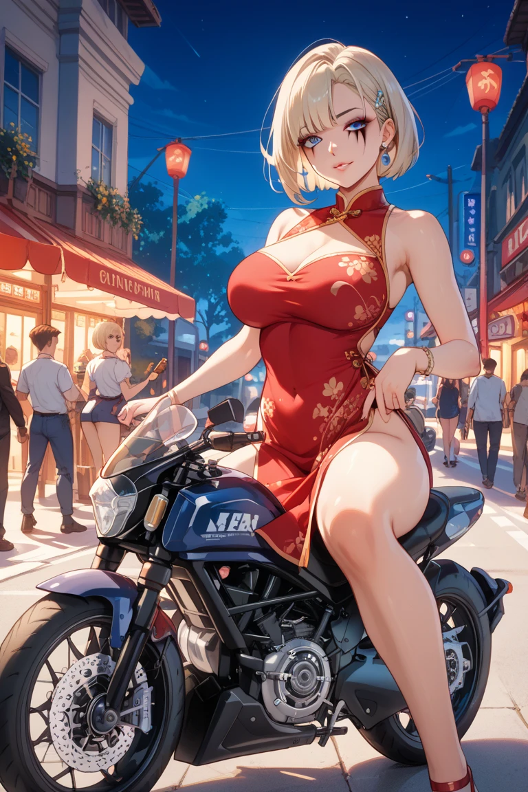 A female wearing a Cheongsam, Body(Fit)\nMuscular\nPersonality(Horny + Driven to breed + Aggressive + Flirty)\nFeatures(6 feet tall + dark red hair + red skin+ D cup boobs)