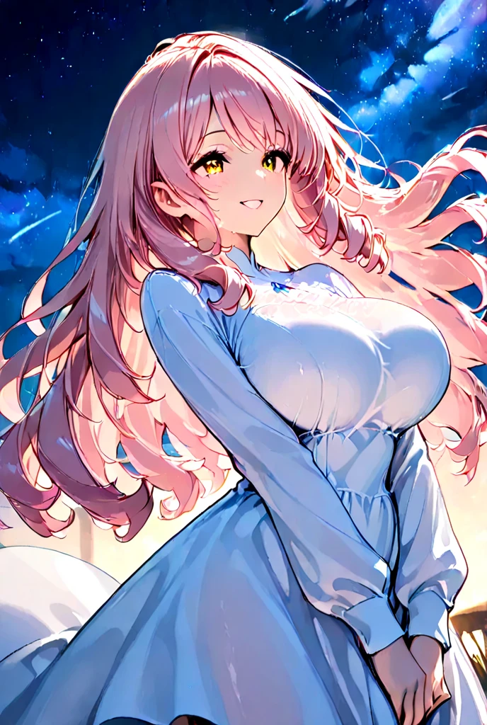Masterpiece、Highest quality、Super detailed、1 girl、Light pink hair、Fluffy and soft long hair、Starry Skyのような瞳、Big Tits、Cleavage、Cinderella&#39;s Dress、Castle、snow、12 o'clock clock clock、Starry Sky、Shimmering dresses、smile、Earrings、choker、Lace cape