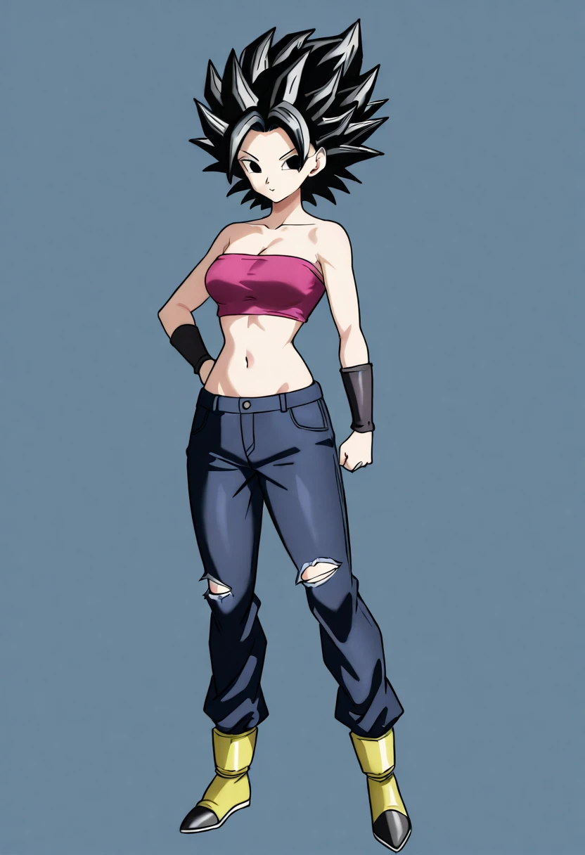 Crie um personagem feminino do universo de Dragon Ball com cabelos vermelhos escuros. Que esteja usando um casaco longo e vermelho, and is also wearing ripped black pants with black boots with red details.