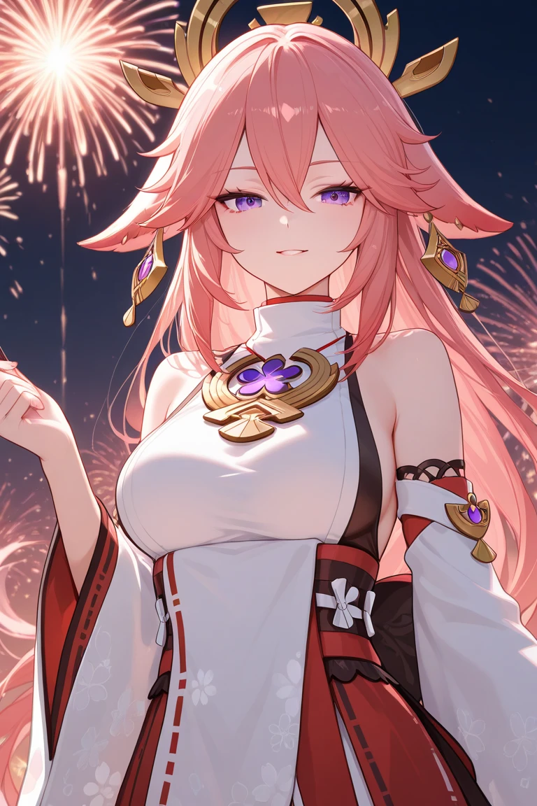 wide wide shot,Expansive night sky,Ring in the New Year,winter snowflakes flying,The landscape,painting of a,illustratio,sportrait,YaeMiko, with pink hair, The sleeves are separated, No shoulder strap,((Grand fireworks show in the night sky)),Colorful fireworks,Twinkling stars,futuristic high rise building,Romantic atmosphere,overwhelming excitement,festive atmosphere,Magical moments,Inspiring artistic creations. Best quality at best,4K,8K,A high resolution,tmasterpiece:1.2,ultra - detailed,actual:1.37,