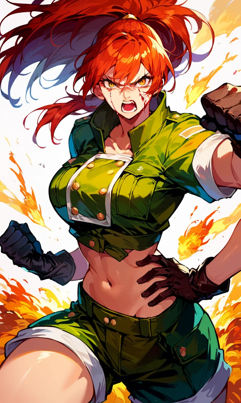 a girl, saiyan, super saiyan, spiky, green eyes, ripped muscles, thin waist, wide hips, saiyan clothes, dragon ball z universe, brown skin color, medium breasts, thick thighs, (she would be raising her ki and if transforming into super saiyan), super saiyan hair