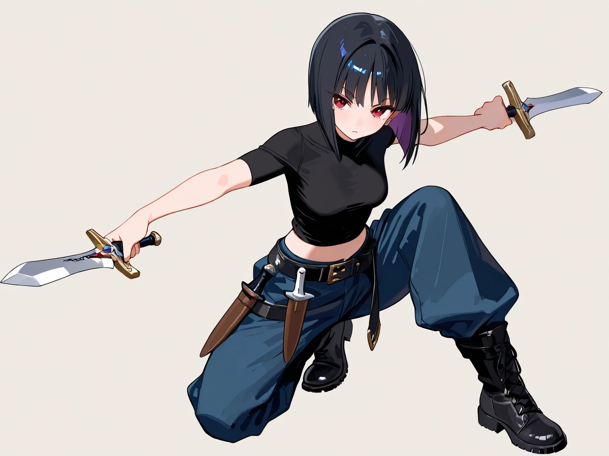 high definition、Delicate Details、8K quality、has open pupils、simple background、turtleneck、loose pants、Dagger、boots、stand on one knee、from above、Straight bob
