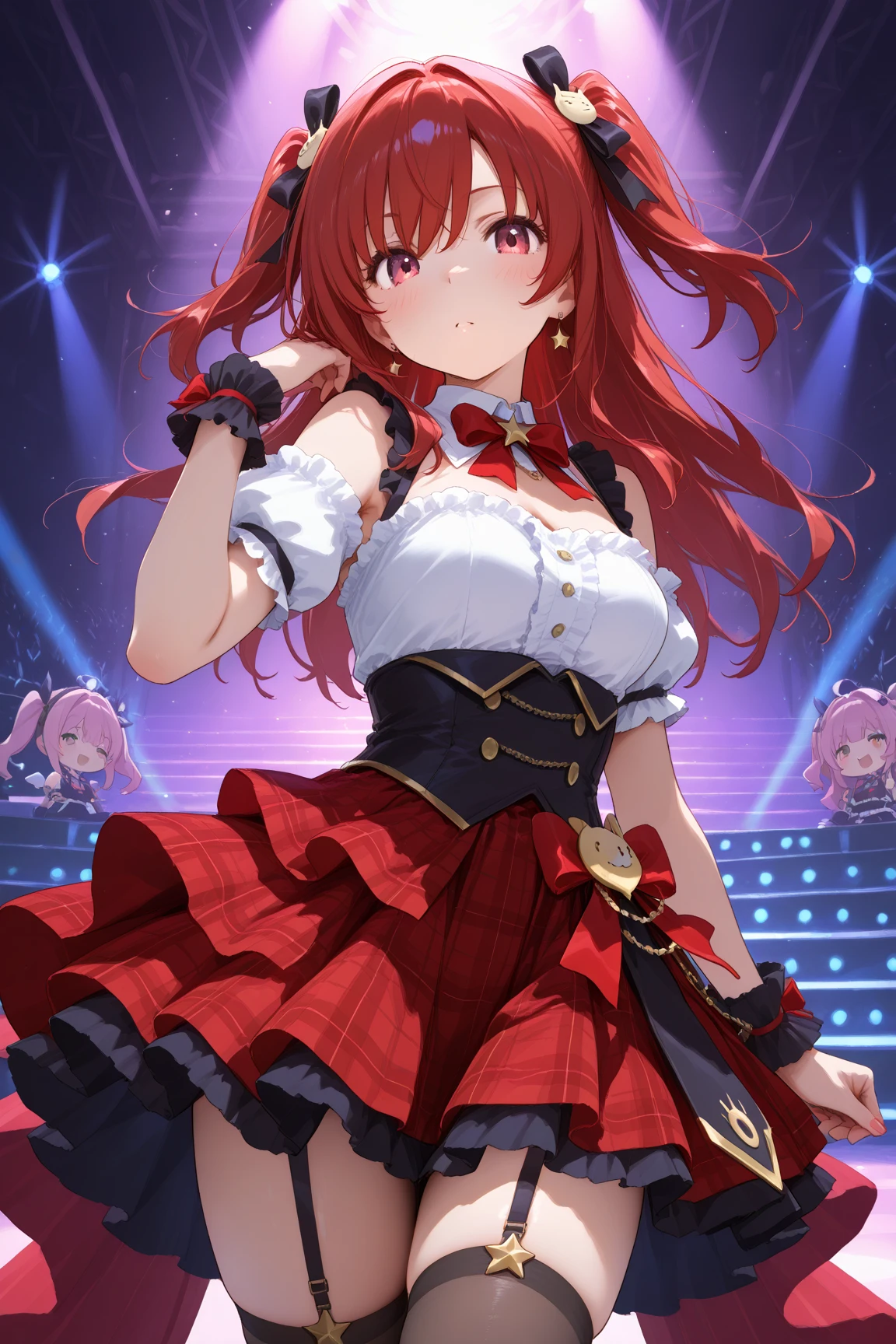 absurderes、ultra-detailliert、masterpiece、top-quality、BREAK、Official art、(Beautifully Aesthetic:1.2)、(watercolor paiting:Curly)、BREAK、Devilish Pretty Girl 1.2、a beauty girl、(kawaii:⒈3)、sixteen years old、BREAK、((Red hair color:1.4))、BREAK、striated hair、((Random hairstyle:1.2))、(Splash)、(フラクタルアート1.3)、BREAK、Cat's ears、A sexy、(Ultra-detailed hands and fingers:1.2)、BREAK、(Carefully written hands and fingers)、((Chinese ruffled skirt and open chest((colourfull))Nazaki:1.2))BREAK、((heterochromia iridis、BREAK、Variegated eyes))、BREAK、Since a while ago:1.2、randome pose、BREAK、stick out buttocks、shyly smile、red blush、Happy smiling face、BREAK、Look at viewers、((Cute with super intricate embroidery pattern((blanche))lace string panties:1.2))、BREAK、((AI Concert:1.4))、BREAK、livestream、BREAK、Lighting with neon glow on background、BREAK、(Get a professional AI stage background:1.2)、BREAK、profetional lighting、BREAK、Singing with microphone in hand、((Panchira:1.2)) Skirt Lift Up:1.2、Fan Service