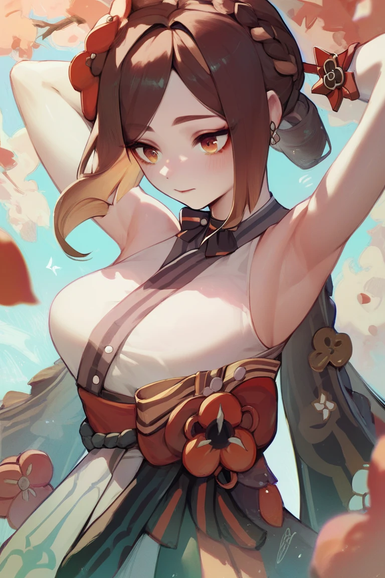 "anime girl, 1 person, dark brown hair, ponytail, ponytail, hairpin, brown eyes, kimono, dark brown kimono, elaborate patterned outfit, stockings, large breasts, blushing , solo, view from different directions, night, festival, New Year's Eve fireworks, watch fireworks (full HD Image 4K+)"