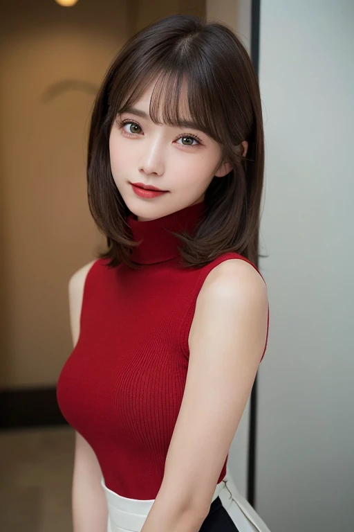 (8k, 超A high resolution, highest quality, table top:1.2)、Japanese girl raw portrait、超A high resolution、highest quality、 (huge breasts, hide cleavage:1.4)、{white long tight skirt:1.5}、、(wearing a red sleeveless turtleneck:1.5)、(open the inseam wide:1.5)、(locker room:1.2) break (natural skin texture、fine skin、hyper realism、Super sharpness)、intricate details、written boundary depth、sexy adult woman、black hair short cut、tight ass star piece、highest quality、high detail))、(Photoreal:1.4)、alone、close your mouth、smile happily、Big eyes、Clear double eyelids、eyelash、long neck、Absolute area、beautiful clavicle、perfect face、thin lips、small face、(look at the audience、eye highlights、light brown eyes、lip gloss)、