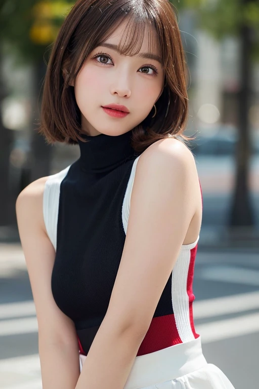 (8K, 超A high resolution,The ultra -The high-definition、Raw photo、 Best Quality, masutepiece:1.5)、RAW portrait of japanese girl、超A high resolution、top-quality、 (huge-breasted、stick out chest:1.3)、｛Hide all breasts｝｛Pleated skirt in off-white:1.6｝、(Wearing a red sleeveless turtleneck:1.6))、((Open the inseam:1.7)、(fitting room:1.2) BREAK (Natural Skin Texture、Detailed skin、Hyper-Realism、ultra sharpness)、intricate detailes、depth of fields、Sexy adult woman、Black hair shortcuts、Toned buttocks、((​masterpiece、top-quality、high-detail))、(Photorealsitic:1.4)、solo、closes mouth、Smile happily、big eye、Distinct double eyelids、Lashes、long neck、Absolute area、Clean collarbone、face perfect、thin lips、a small face、(gazing at viewer、Highlights in the eyes、Light brown eyes、lipgloss)、(From the side:1.2)