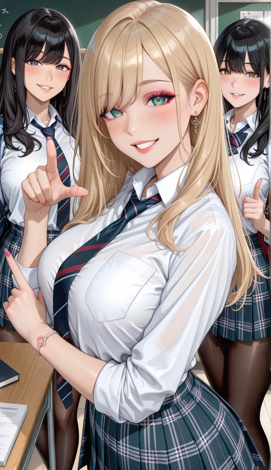 (superflat, flat shading, flat colors:1.1), (classroom), (2girls young student and teacher), slim, small breast, blonde hair, school uniform, teacher uniform, open shirt, white bra, (hugging from behind), (grab breast), shy, smile, blush, standing by blackboard, bright sunlight, best shadows, watercolor