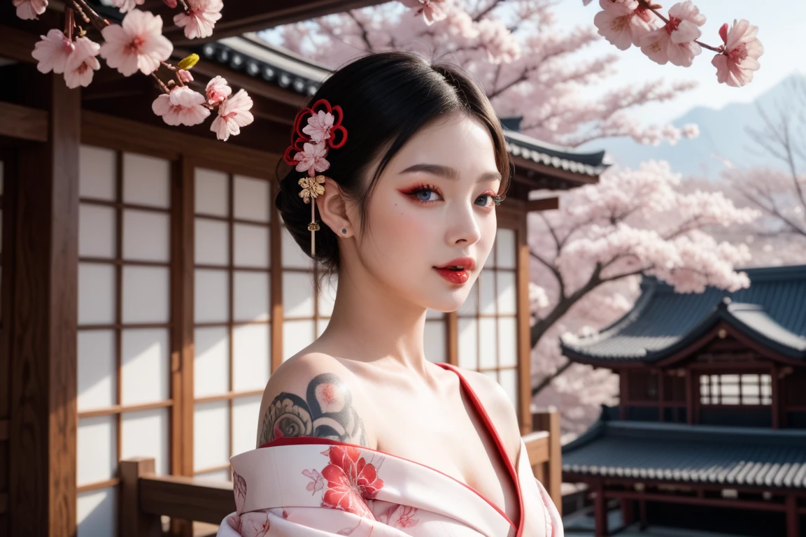 (best quality,4k,8k,highres,masterpiece:1.2),ultra-detailed,(realistic,photorealistic,photo-realistic:1.37),Japanese geisha adorned with intricate wabori tattoos, porcelain skin as a vibrant canvas, bold lines, vibrant colors, traditional kimono, elegant hair accessories, delicate fan, vibrant cherry blossom background, soft natural lighting, traditional Japanese art style