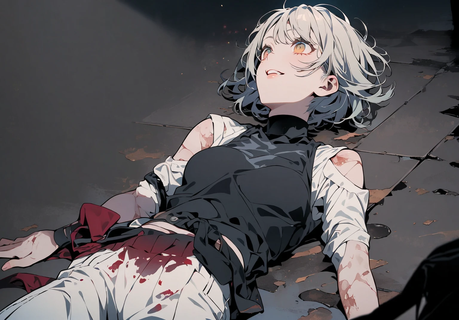 komaeda_nagito,1boy,short hair alone,crying,not wearing a top,extremely detailed,teary eyes,soaked lashes,emotional expression,intense sadness,dripping tears,rosy cheeks,crazy eyes,crazy smile,mental illness,true-to-life textures,highly refined details,perfect anatomical structure,vibrant hues,artistic composition,breathtaking realism,masterful craftsmanship,highly emotional scene,silent sorrow,in a mental asylum, dim lighting,red blood,blood splatter, horror, creepy,moisture in the air, stark contrast,moody ambiance,precise contours,striking emotion,touching portrayal,painstaking attention to detail,aesthetically pleasing,heart-wrenching,deeply moving artistry