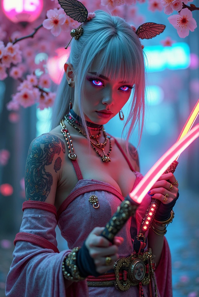 a woman, bangs, white hair, tattooed body, open neckline, is showing her private part, has four arms, holds four white lightsabers, wears a black kimono, wears a black military belt, she is on an urban street