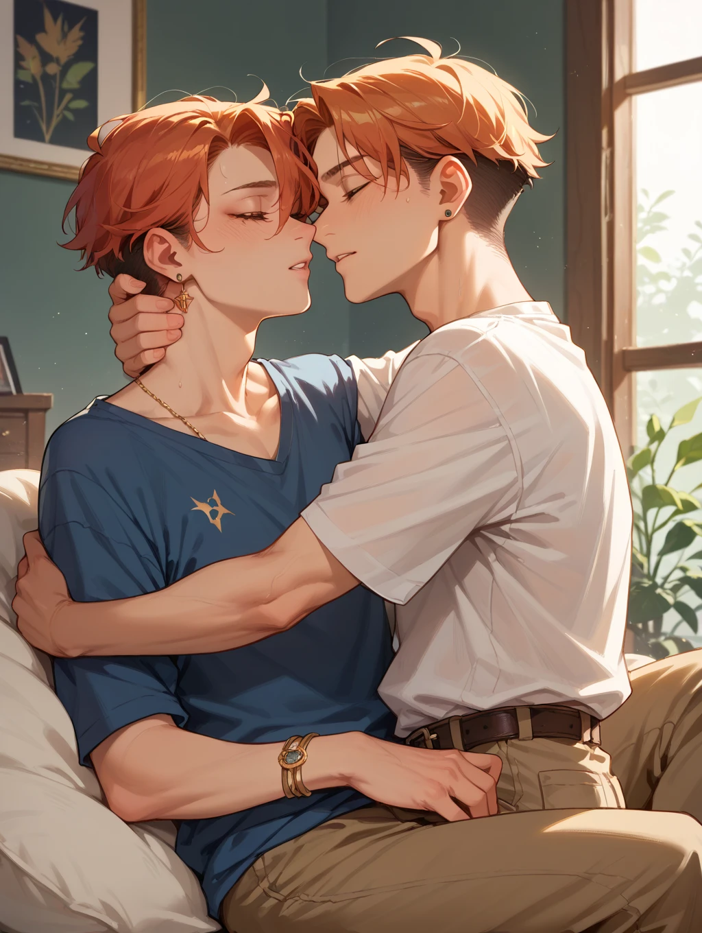 High image quality, two beautiful men, delicate eyes, lean muscles, tall, random hairstyle, A beautiful sunny morning, two camp boys in love passionately kiss on the brilliant green grass, two people wear white shirts, behind is a rainbow, surrounded by red roses.