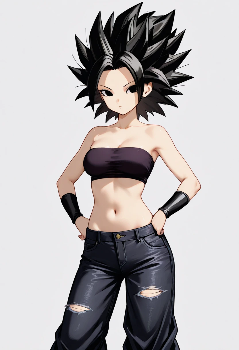Caulifla, the fierce Saiyan warrior, sports a bold and rebellious style with a fitted black shirt that highlights her confidence. She pairs her look with ripped black jeans, which give it a casual touch that matches her fearless personality, ready for any challenge. The background is white.