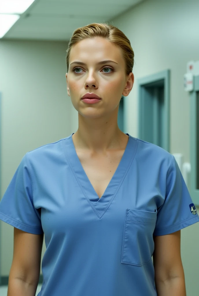 Ultra realistic, Cinematic,young surgigal nurse, swedish teeanger girl, 17 years, blonde hair , standing, working in surgery, body, pale skin, beautiful face, big smile, detailed face, ultra soft and ultra light slight small ultra dark-ocean blue women hospital scrubs, dark ocean-blue hospital scrubs, wide angle showing full body, hospital ward, people, bokeh, short hair tied up as hair bun / Chignon