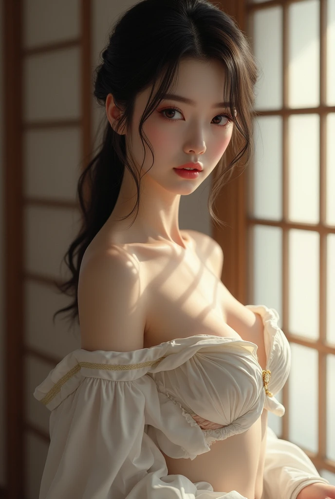 Best Quality, Masterpiece, Ultra High Resolution, (Realisticity: 1.4), Original Photo, 1girl, Pink Off-the-Shoulder, Cinematic Lighting