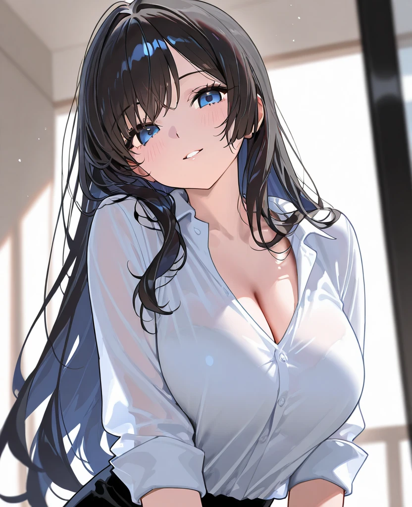 (looking away:1.5), looking down, side angle, Biologically correct five fingers、clasping own hands, head tilt, Realistic, real person, (pale skin: 1.2), upper body, RAW photo, photorealistic, shiny skin, shiny hair、(A 35-year-old woman with medium-length hair and bangs) and (wavy hair) and (brown hair) and (Orange Eyes) , (white:1.5) and (blouse) 、Cleavage、(smile:1.5), open mouth, The background is the living room、Alone、Are standing
