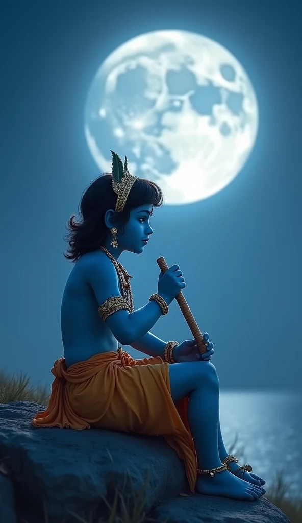 Shri Krishna most handsome man in blue mirror like dress under crescent moon having flute in his hand cascading black hair on his neck and his mesmerizing doe 
eyes
 and wearing peacock feather and dimond crown not big crowds just like clip having smile on his face make his face more attractive  facing towards me , standings smile and calmness on his face face playing that flute more attractive lean muscular body