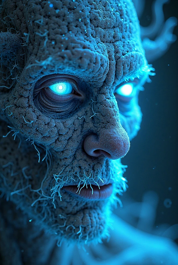 A symmetric portrait of a male, evil frozen necromancer, features dissolving into frozen magic thin, luminescent blue lines. Weighted Voronoi stippling and laser caustics create a network, transitioning from hyperrealistic detail to abstract, quantum-inspired forms. Ethereal hues blend, evoking existential transition and mystery. Close-up on face, evil skull partially visible. Set against a twilight arctic backdrop, icy winds ripple through his tattered robes. Rendered in a fusion of photorealism and digital surrealism, the scene is illuminated by ghostly Northern Lights. Emphasis on cold, menacing atmosphere, invoking Nordic myths