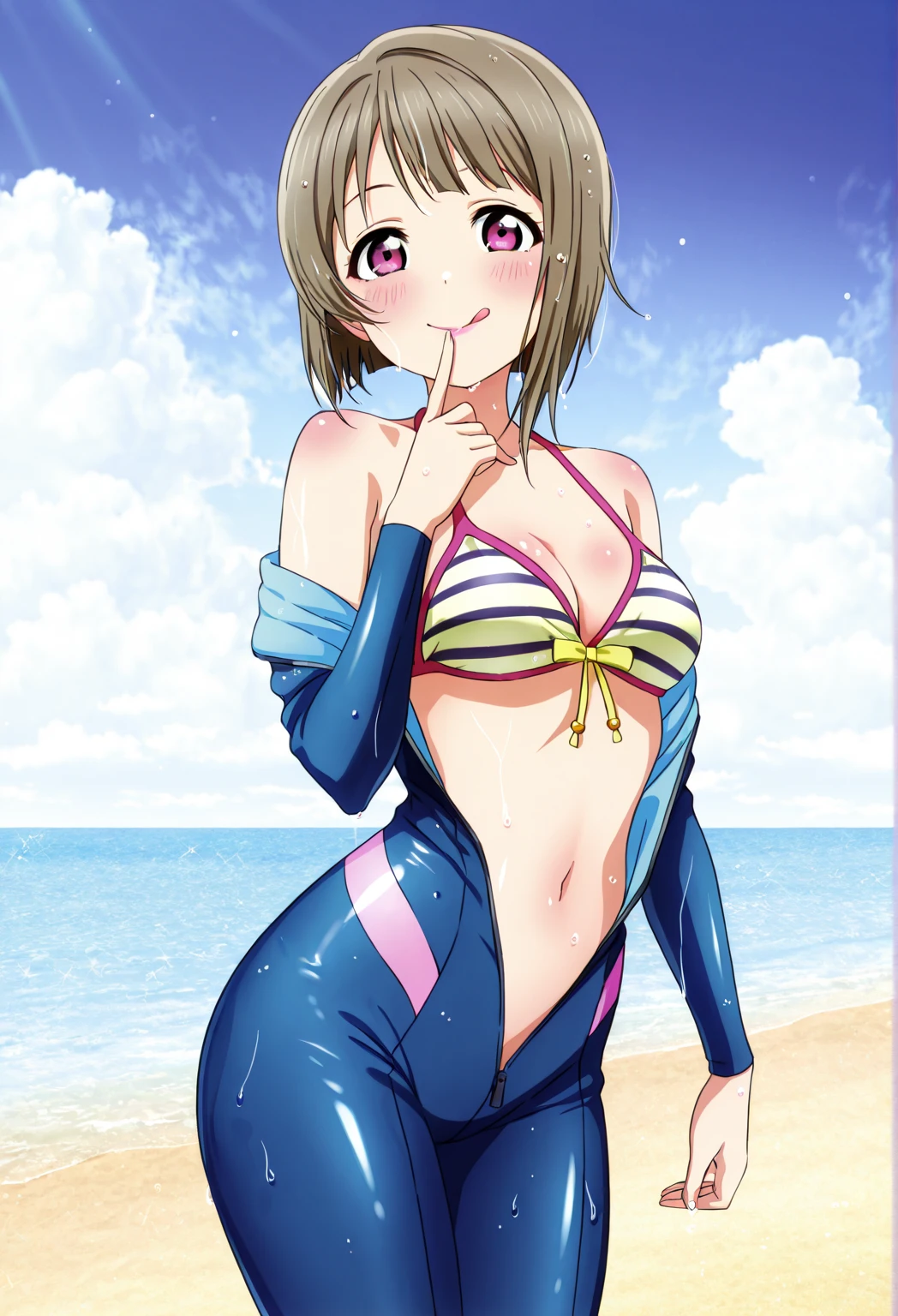 girl, alone, short hair, Bronze colored hair, thin, Misaka sister,Yellow ultra-high leg one-piece swimsuit Large rectangular glasses on the forehead, Beach