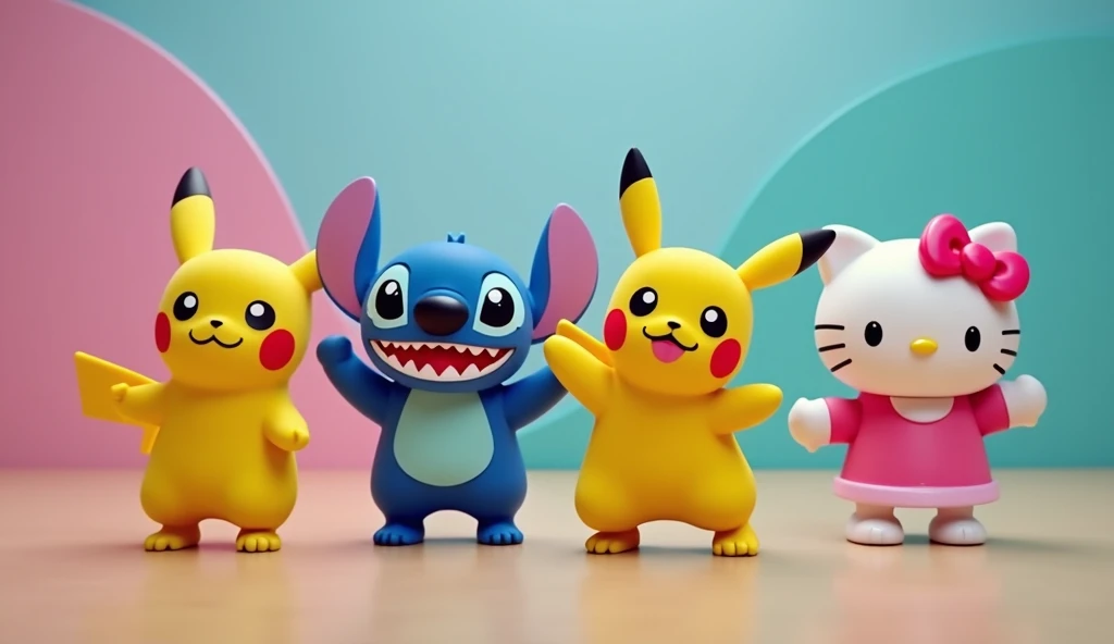 pikachu, stitch, Baby Shark, Hello Kitty are all in an idol unit singing K-Pop group sensation, all have small singer earbud and mic in their ears, all are dancing doing the same move, they are all together to film the music video to their hit song "Don't toy with me!" for Korean TV 