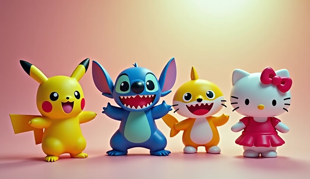 pikachu, stitch, Baby Shark, Hello Kitty are all in an idol unit singing K-Pop group sensation, all have small singer earbud and mic in their ears, all are dancing doing the same move, they are all together to film the music video to their hit song "Don't toy with me!" for Korean TV 