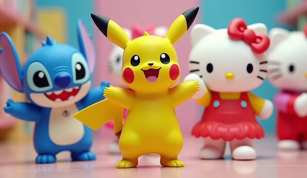 pikachu, stitch, Baby Shark, Hello Kitty are all in an idol unit singing K-Pop group sensation, all have small singer earbud and mic in their ears, all are dancing doing the same move, they are all together to film the music video to their hit song "Don't toy with me!" for Korean TV 