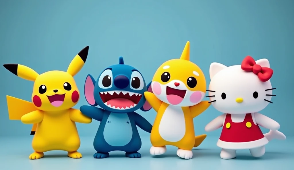 pikachu, stitch, Baby Shark, Hello Kitty are all in an idol unit singing K-Pop group sensation, all have small singer earbud and mic in their ears, all are dancing doing the same move, they are all together to film the music video to their hit song "Don't toy with me!" for Korean TV 