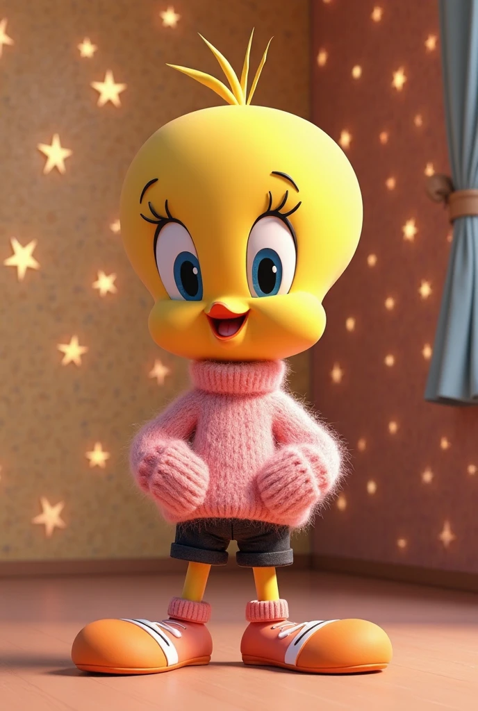 Tweety 3D dressed up a pink sweater with black jeans With basketball socks with a wall with star