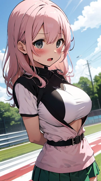 mastute piece,Best Quality,insanely detailed,8k cg,
shoot upper body,
1woman,18age,standing,body in front,looking at viewer,(pink rider-suit),break,
blush,shy,(trembling:1.2),pink hair,break,open mouth,large breast,paved road,
