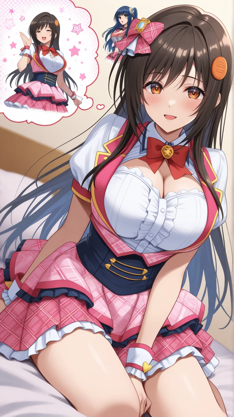 Hentai characters. Wearing a Japanese . Short skirt. Super huge breasts. Big thighs. Girls love to make love 