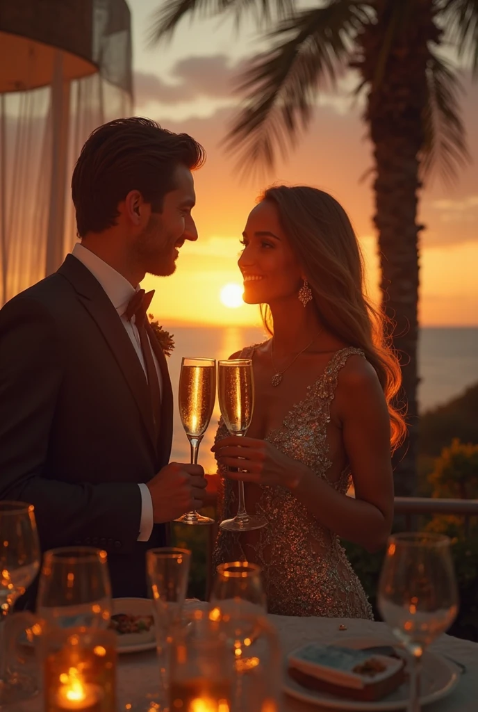 Beautiful 24-year-old black-haired girl with blue eyes next to her, accompanied by a black-haired, black-eyed Caucasian boy, he is attractive and handsome. The two are in an elegant and refined manner. They are on a yacht sitting around a table drinking champagne and celebrating. It is night, behind her there is a group of saxophonists, creating an atmosphere of a warm and elegant relaxing restaurant, photorealistic, high quality, 4k, 8k, masterpiece, vivid and ultra-detailed colors, HDR, studio lighting, sharp focus, physical representation , professional portrait