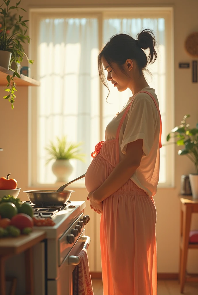 Naked girl, pregnant, women, in kitchen, nude