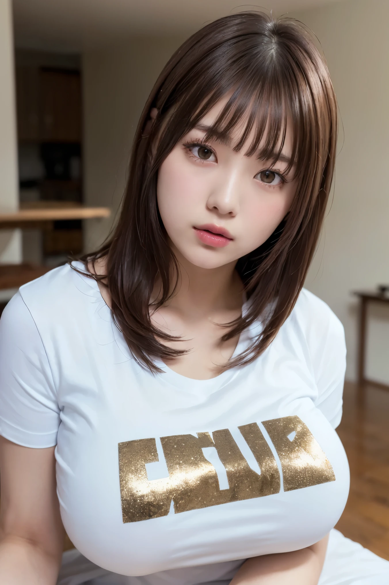 ( top quality , masterpiece, Very detailed with bubbles,8k, RAW pictures, high resolution :1.2),((( topless ))),( cute Japanese girls in various positions ),((( big :1.5))),((( very glittering light brown hair ))),((( 女の子はかなりのbig )))((( hairstyle with bangs ))),((( inside the house))),((( plump body:1.5),((( girl looking at me ))) ,((( Her breasts are huge ))),(((Wearing a short t-shirt))) ,((( with sticking out))) ,((( with sticking out)))