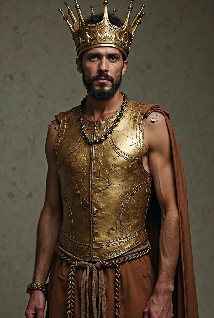 Make him a knight who wears jewelry on his body and wears yellow cloth from his hips to his knees. The jewelry is on his left and right biceps and there is jewelry on his head.