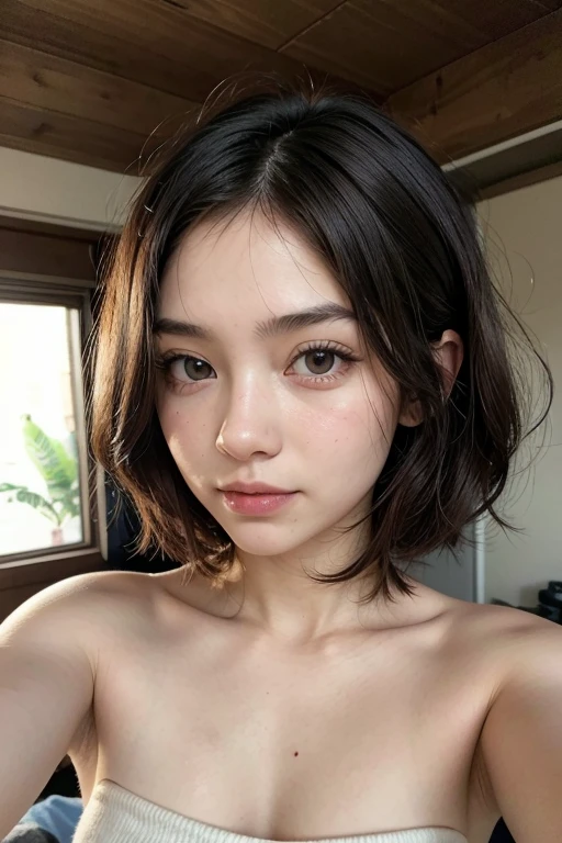 Hairy pubic hair((Highest quality、8K、masterpiece:1.3))((Perfect glowing skin,Perfect Skin)) Browsing Caution Realistic Bright room White Room White skin smile Wavy Hair short hair bangs