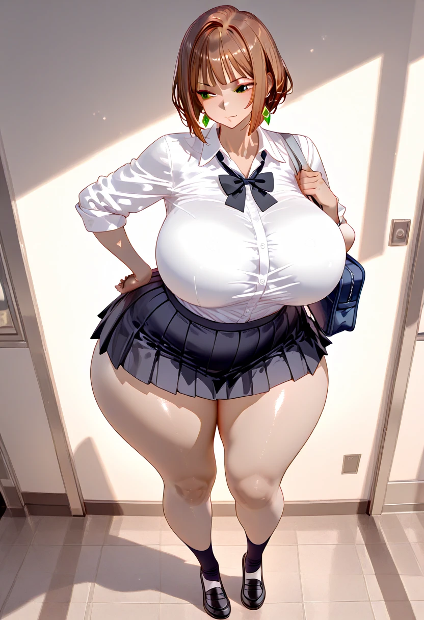 1girl in, Parted lips, blush, makeup, lightsmile, School uniform, Full body, Wide Angle, From above, crass room, llight rays, Glow, thighs thighs thighs thighs, 鎖骨, Narrow waist, (masutepiece), Wallpaper,Wet body、Bras that can be seen even over clothes