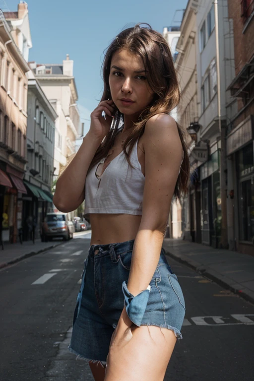 ultra realistic, ultra high definition, curvy and sexy body shape , ultra life-like surrounding, looking at viewer, 22 years old, random color tight tank top, ripped jeans mini skirt,blonde hair, 1.5 meters away,hdr,Extremely high image quality,Cinematic footage. natural body position, natural body anatomy. leaning on stores at milan italy. gigantic boobs.