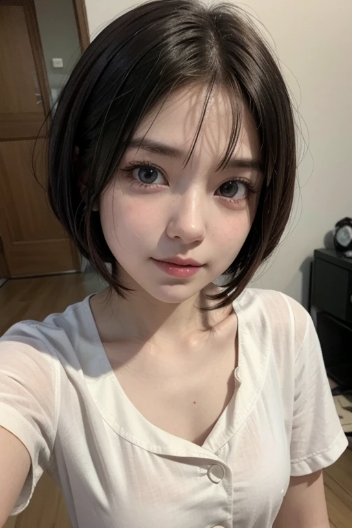 masterpiece、Highest quality、Realistic、超High resolution、High resolution、16k wallpaper、Very detailed、Finer details、Cinema Lighting、White Room、Selfie of a young woman, Very detailedな顔、Transparent white skin texture、Rounded outline、Natural Makeup、A small smile、short hair、Gentle expression、Detailed eyes、Symmetrical black eyes、(short hair、Less hair volume、Thick hair、Coarse hair、High quality grey tank top)、nice, cute、Japanese Gravure Idol