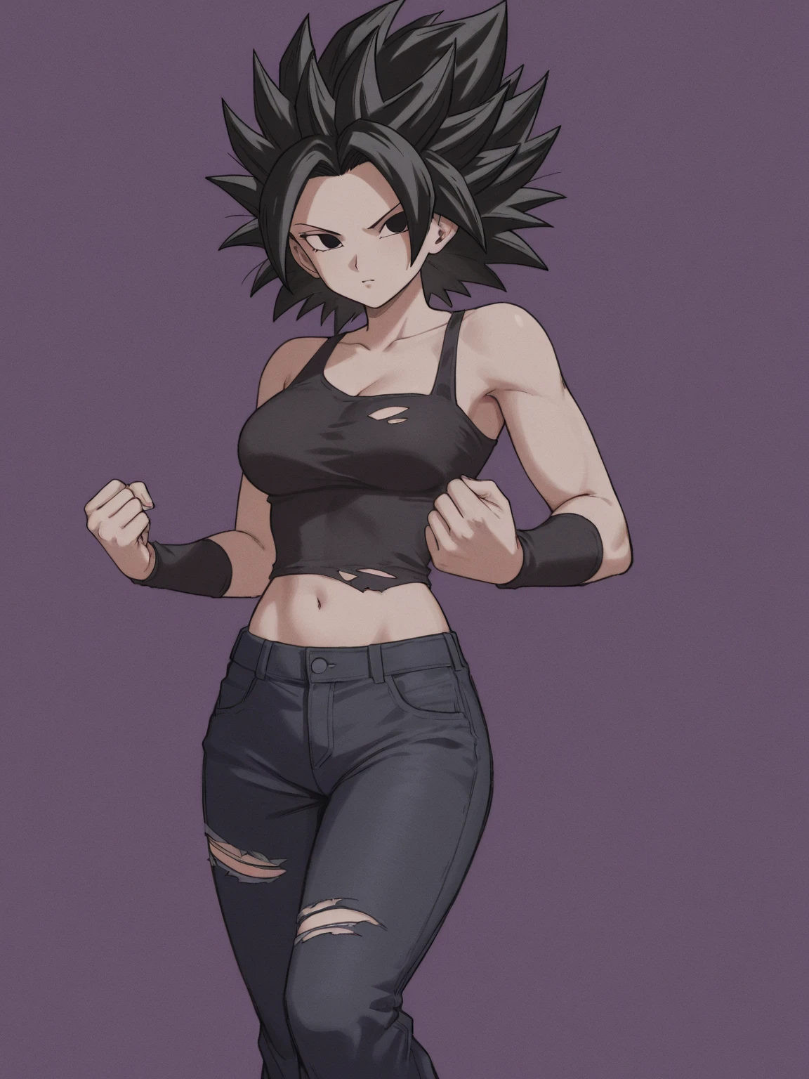 Kizi, short-hair, super saiyan, dragonball z, 80s style, アニメ, big boobies, white background, best qualityer, work of art, glued clothes, black shirt color,