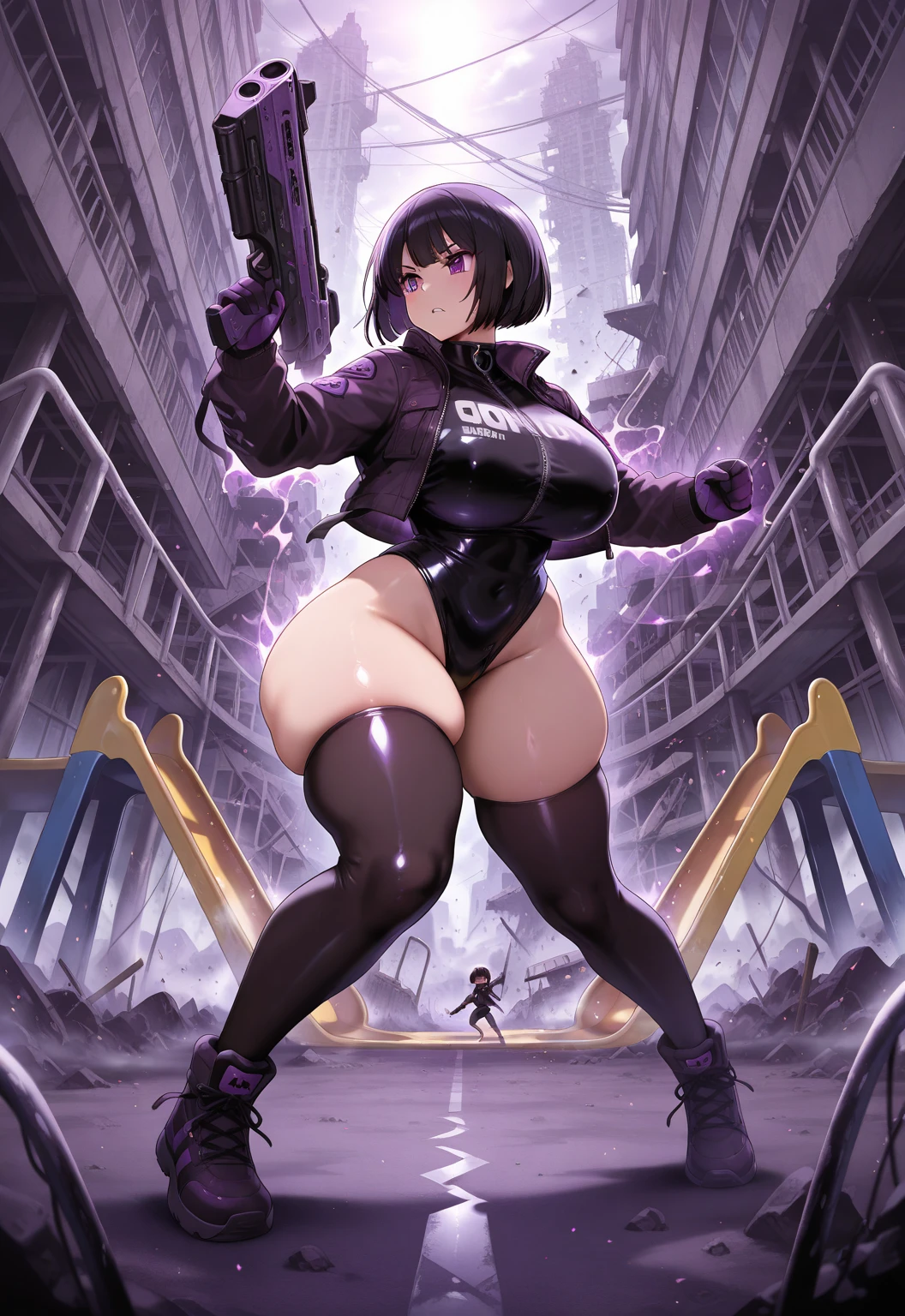 thick hips, thick thighs, platform heels, high cut leotard, bandeau top, huge breast, thin waist, bob cut hair, pale skin, gun, angry look, scream, thick body, tight stockings, profile, cyberpunk,