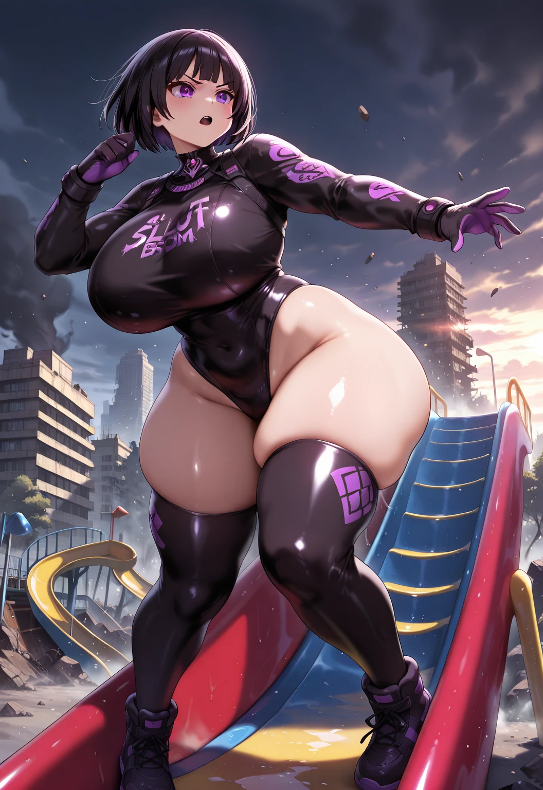 (( 1girl in)), NSFW、blush,Light purple hair、blue eyess、 Black high-leg retard,Poolside at night、Armpits、((huge-breasted))、big butts、((thick thighs))、lying on one's side、Hands behind the head、Sweat、(spreading legs)、