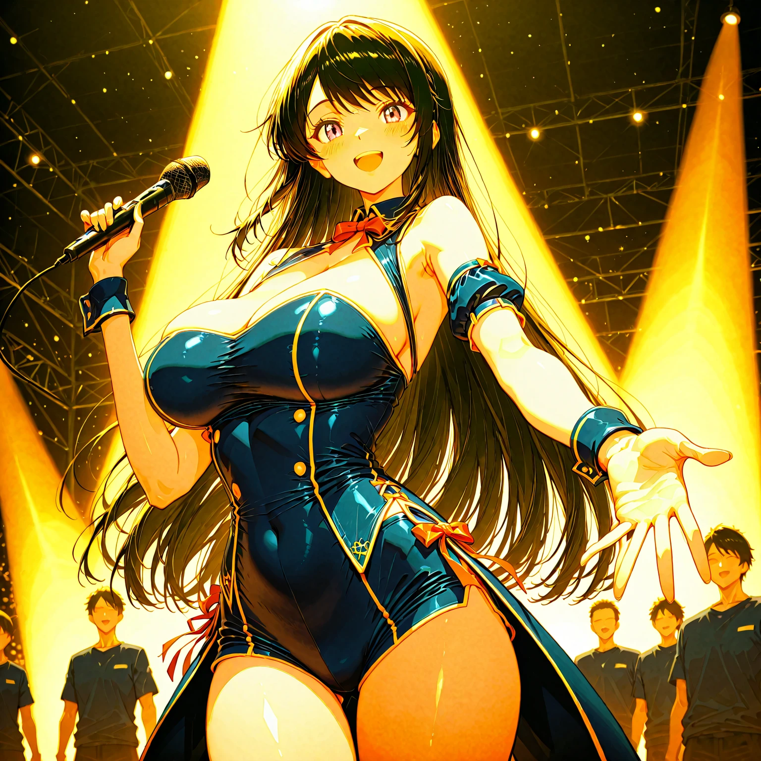 ,NSFW,best quality, female, streaming tears,  glamorous, voluptuous, forehead, long wavy brown hair ,yellow  swimsuit,torn swimsuit,scowl,surround many boys,