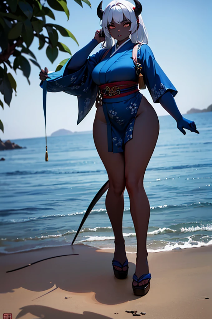 Masterpiece, Hyperrealistic, HD, highlydetailed fullbodyshot of a beautiful oni female with white hair, oni_horn, reddish skin, perfect body shape curvy, thick and muscular, perfect face features with seductive look, wearing short kimono showing clivage and thick thights