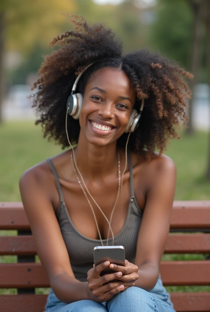 A Light Skin Indian woman in a lush landscape, wearing an open shirt with a floral print, wearing a headphone, with a close-up capturing the harmonious beauty between her breasts and the landscape, showing off your natural charm and outgoing personality.