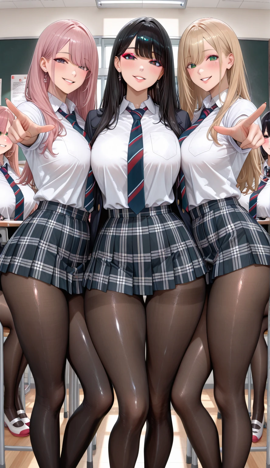 nsfw, masterpiece, best quality, extremely detailed, super fine illustration, 8k cg wallpaper, stunning art, (Three women stand side by side:1.4), perfect anatomy, (pussy juice:1.2)), ((red bow tie, black jacket, open jacket, white shirt, plaid skirt、knee socks)), (white horizontal lace panties:1.3), (Pink stylish lace panties:1.3), (Light blue stylish lace panties:1.3)), (embarrassed expression, blush:1.2), beautiful big breasts, slender body, (Three women lift their skirts to show their panties:1.5), ((Anime CG style)), well-groomed face, ponytail, twin tails , highest quality, High resolution, (detailed and beautiful eyes:1.6), highly detailed face, perfect lighting, Very detailed CG
