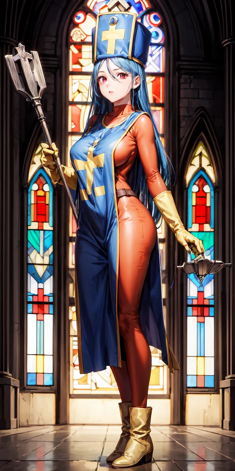 Britney Spears, ginger hair,(stylish bob haircut), (natural big breasts), wearing ((warrior nun), superhero tight suit)1.2, (cleavage with gold plated cross between natural boobs breastplate)1.4, (red lips lipstick), Realistic, perfect lighting, hyper realistic