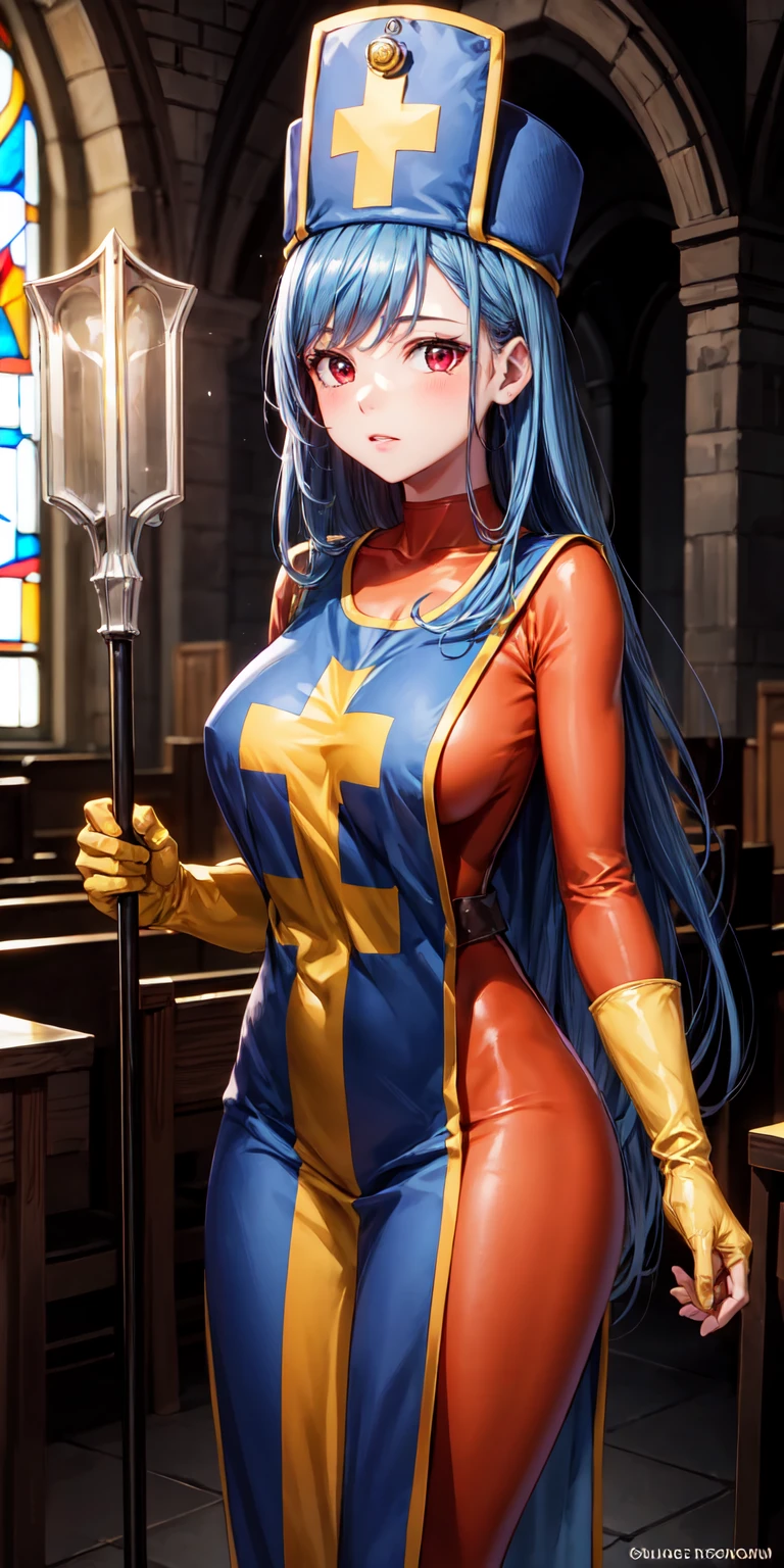 masterpiece, best quality, 4k, 8k, priest \(dq3\), 1girl, solo, long hair, blue hair, red eyes, mitre, tabard, cross print, orange bodysuit, elbow gloves, large breasts, holding staff, church, Stained glass, holylight, cowboy shot, from front, look at viewer, standing