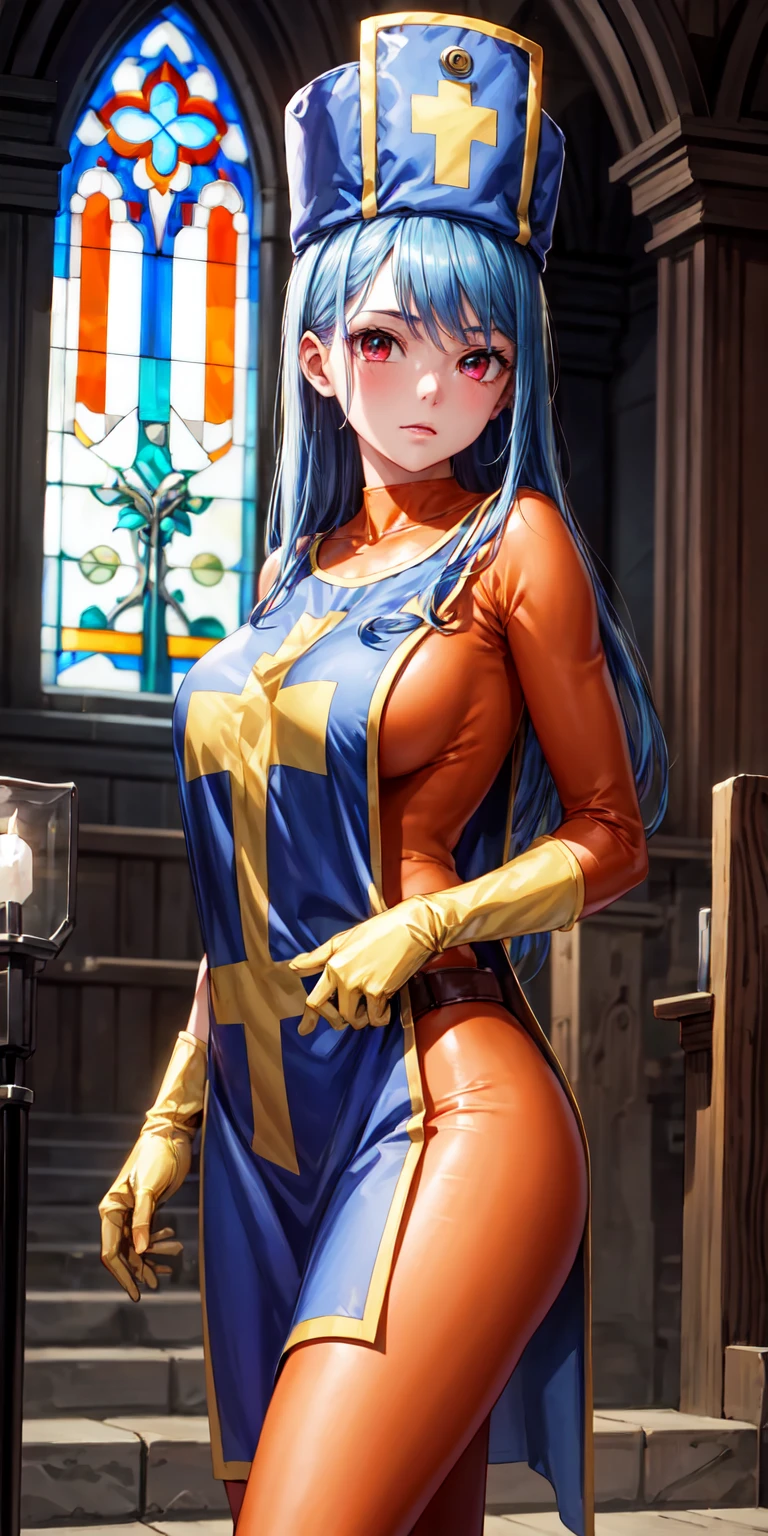 masterpiece, best quality, 4k, 8k, priest \(dq3\), 1girl, solo, long hair, blue hair, red eyes, mitre, tabard, cross print, orange bodysuit, elbow gloves, large breasts, praying, church, Stained glass, holylight, cowboy shot, from front, look at viewer, standing